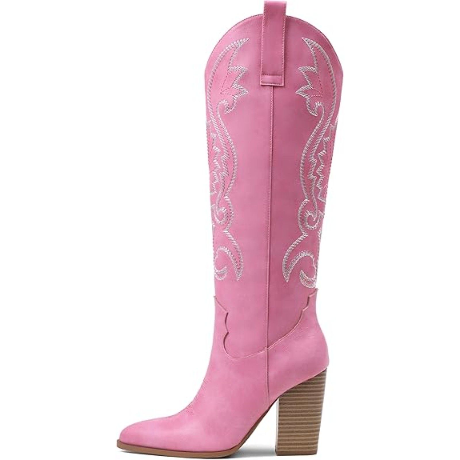 Women's Pink Rubber Pointed Toe Pull-On Knee High Embroidered Cowgirl Boots